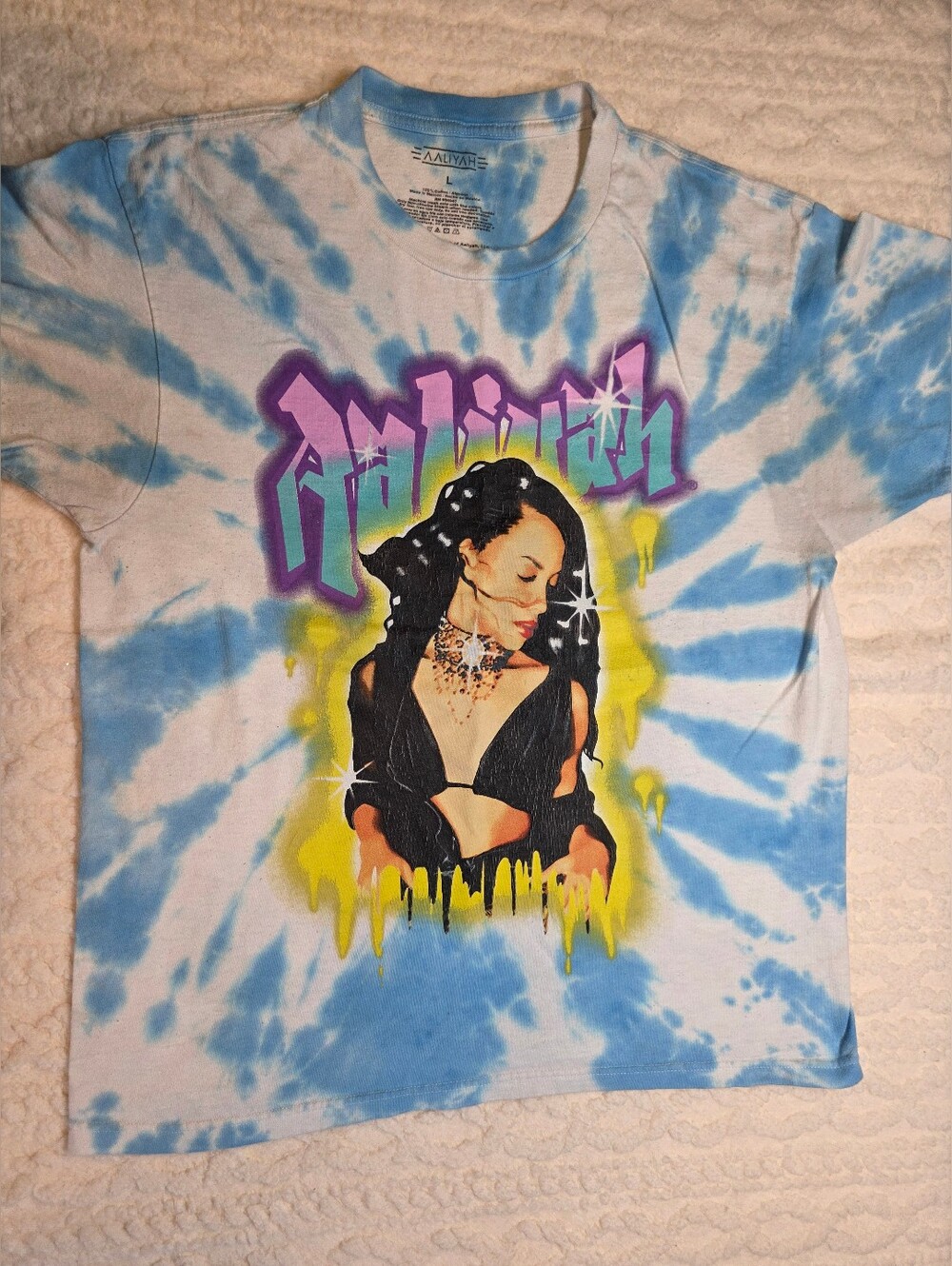Aaliyah Tie Dye Graphic Tee Blue White Women’s Large Band Shirt